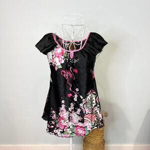 y2k vintage black & pink floral Japanese cherry blossom print babydoll top